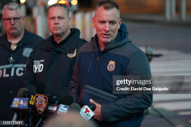 New York City Police Commissioner Dermot F. Shea speaks at a press conference in Times Square on May 8, 2021 in New York City. According to reports,...