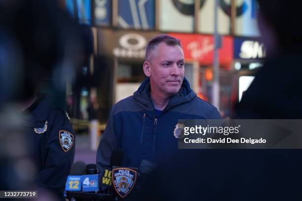New York City Police Commissioner Dermot F. Shea speaks at a press conference in Times Square on May 8, 2021 in New York City. According to reports,...
