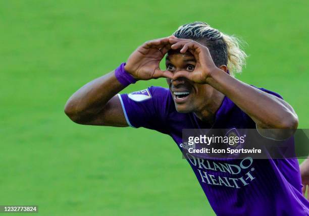 Orlando City forward Nani celebrates scoring his goal during the MLS soccer match between the Orlando City SC and New York City FC on May 8, 2021 at...