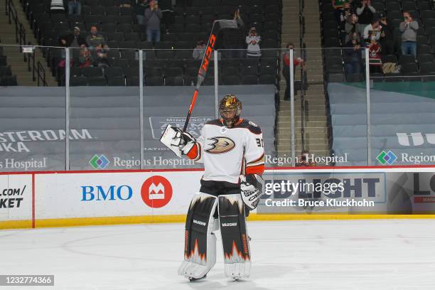 Ryan Miller of the Anaheim Ducks is honored by the Minnesota Wild while playing in the final game of his NHL career Xcel Energy Center on May 8, 2021...