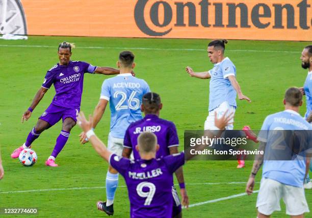 Orlando City forward Nani scores at the first goal of the game in the opening minutes go the 2nd half during the MLS soccer match between the Orlando...