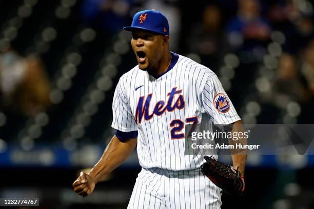 Jeurys Familia of the New York Mets reacts after the final out during the sixth inning against the Arizona Diamondbacks at Citi Field on May 8, 2021...
