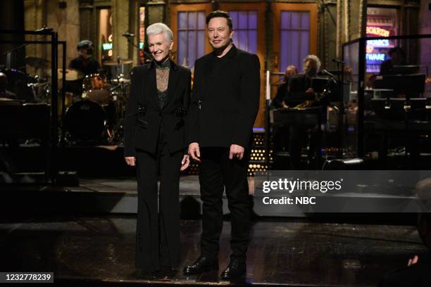 Elon Musk" Episode 1803 -- Pictured: Host Elon Musk with his mother Maye during the monologue on Saturday, May 8, 2021 --