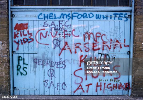 Stadium doors covered in graffiti at White Hart Lane before the Football League Division One match between Tottenham Hotspur and Arsenal on April 7,...