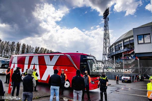 The coach carrying the Ajax players arrives prior to their Eredivisie soccer match between Feyenoord and Ajax at the Feyenoord Stadium in Rotterdam...