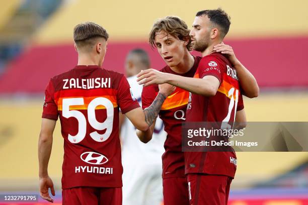 Borja Mayoral of AS Roma celebrates after scoring his team's fifth goal with team mates during the Serie A match between AS Roma and FC Crotone at...
