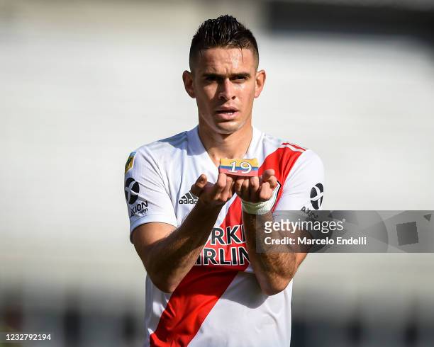 Rafael Santos Borre of River Plate celebrates after scoring the second goal of his team during a match between River Plate and Aldosivi as part of...