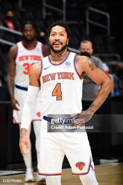 Derrick Rose of the New York Knicks smiles during the game against the LA Clippers on May 9, 2021 at STAPLES Center in Los Angeles, California. NOTE...