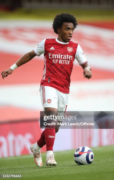 Willian of Arsenal during the Premier League match between Arsenal and West Bromwich Albion at Emirates Stadium on May 9, 2021 in London, United...