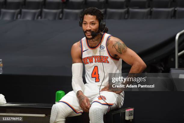 Derrick Rose of the New York Knicks is interviewed after the game against the LA Clippers on May 9, 2021 at STAPLES Center in Los Angeles,...