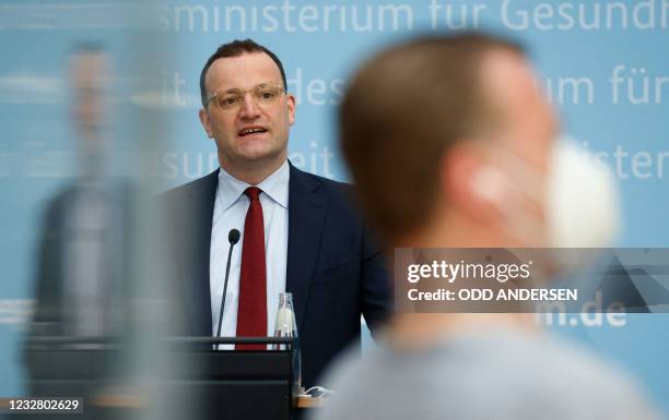 German Health Minister Jens Spahn gives a press conference to comment on the current situation amid the ongoing COVID-19 / coronavirus pandemic, on...