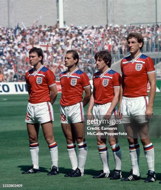 Bryan Robson , Ray Wilkins , Steve Coppell and Terry Butcher of England line up before the 1982 FIFA World Cup Group 4 match between England and...