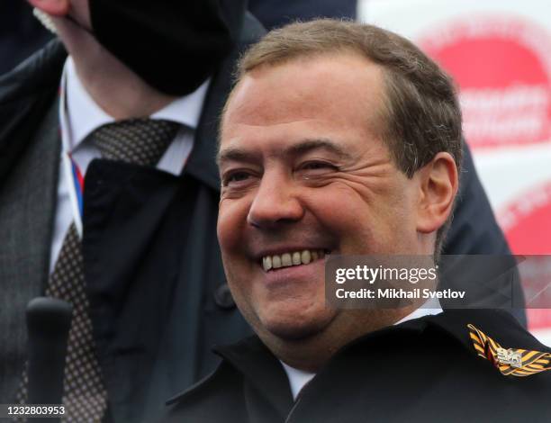 Russian Security Council Deputy Chairman Dmitry Medvedev smiles during the military parade at Red Square, on May 9, 2021 in Moscow, Russia. Russians...