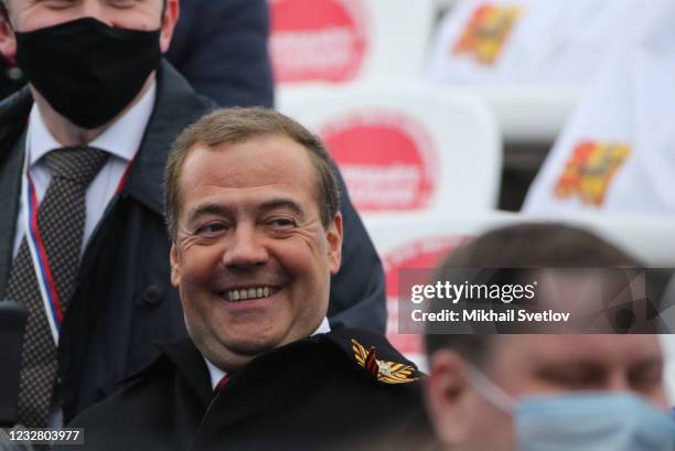 Russian Security Council Deputy Chairman Dmitry Medvedev smiles during the military parade at Red Square, on May 9, 2021 in Moscow, Russia. Russians...