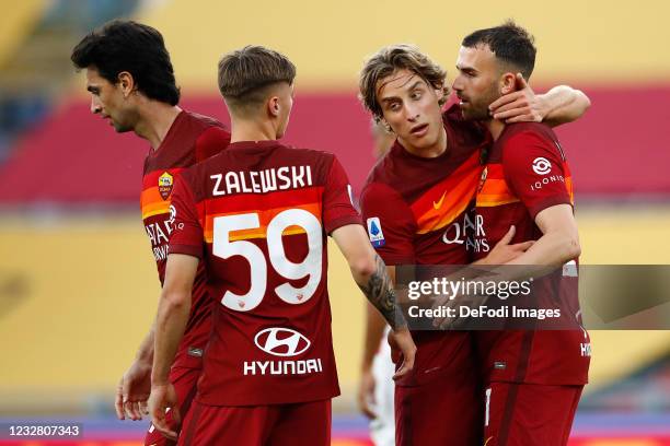 Borja Mayoral of AS Roma, Javier Pastore of AS Roma, Nicola Zalewski of AS Roma and Edoardo Bove of AS Roma celebrate after scoring their team's...