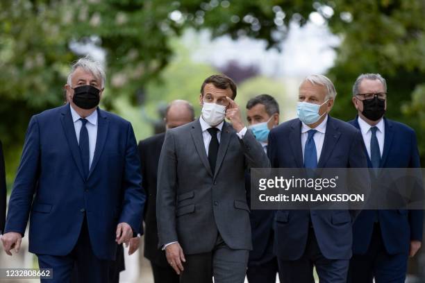 President of the French Senate Gerard Larcher, French President Emmanuel Macron, French Interior Minister Gerald Darmanin, former French Prime...