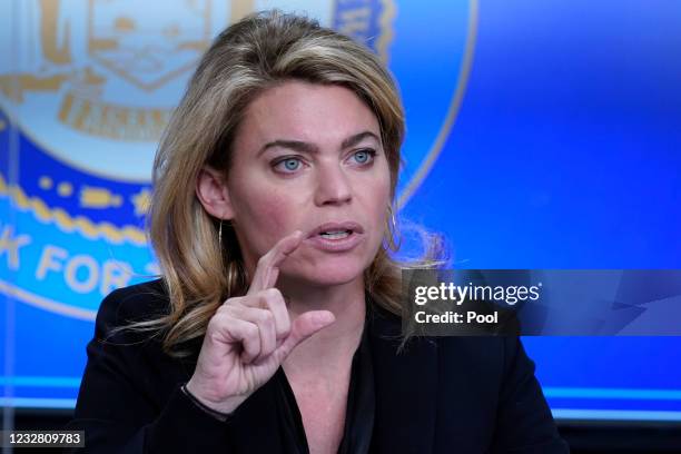 Interim President of the New York City Transit Authority Sarah Feinberg speaks during a news conference with New York Gov. Andrew Cuomo, on May 10,...