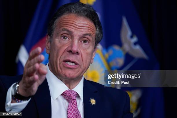 New York Gov. Andrew Cuomo speaks during a news conference on May 10, 2021 in New York City. It was announced that both SUNY and CUNY will require...