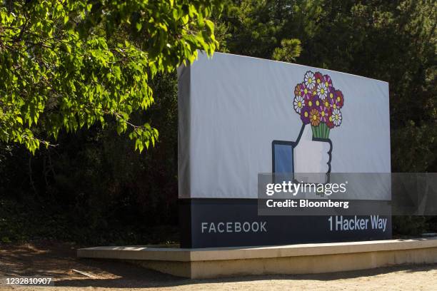 Signage at the Facebook headquarters in Menlo Park, California, U.S., on Monday, May 10, 2021. Facebook Inc. Reopens its Menlo Park offices at 10%...