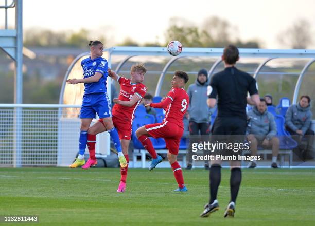 Callum Hulme of Leicester City with Luis Longstaff of Liverpool and Fidel ORourke of Liverpool during the Premier League 2 match between Leicester...