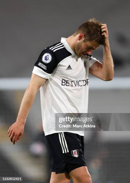 Dejected Joachim Andersen of Fulham reacts after the defeat during the Premier League match between Fulham and Burnley at Craven Cottage on May 10,...