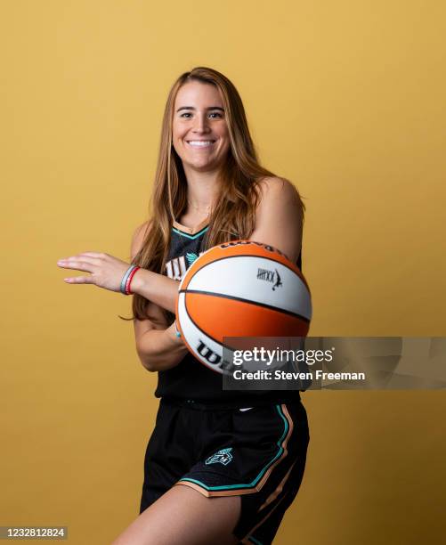 Sabrina Ionescu of the New York Liberty poses for portrait during WNBA Media Day at the Barclays Center on May 8, 2021 in Brooklyn, New York. NOTE TO...