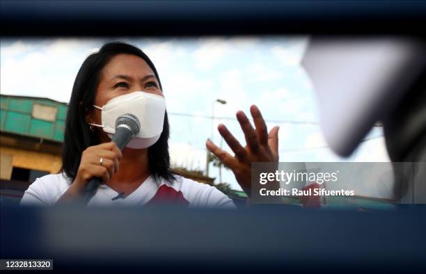 Presidential candidate of Fuerza Popular party Keiko Fujimori speaks during a campaing event at Asentamiento Pomacocha-Manolo Castillo in Villa MarÌa...