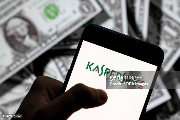 In this photo illustration the multinational cybersecurity and anti-virus software provider Kaspersky Lab logo seen displayed on a smartphone with...