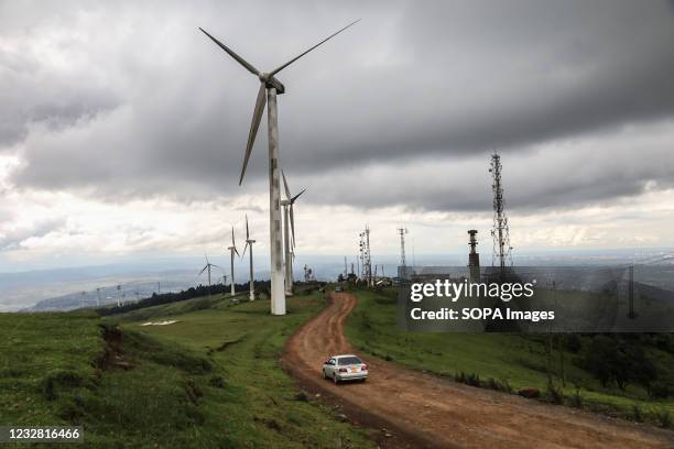 View of the Ngong Hills power station in Ngonh Hills Kajiado County. The Ngong hills power station accommodates approximately thirty wind turbines...