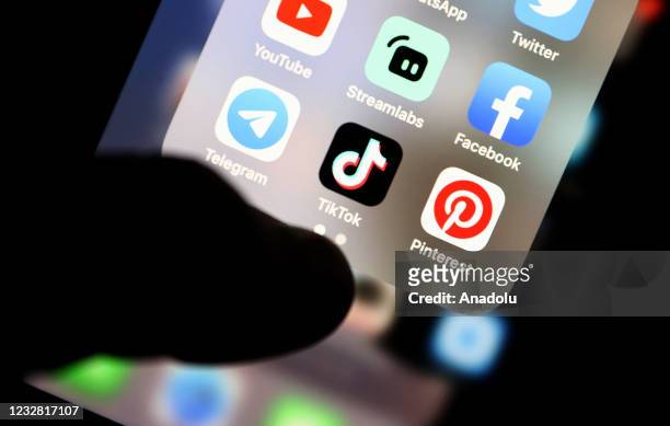 In this illustration photo the Streamlabs, TikTok, Twitter, Telegram, Facebook, YouTube and Pinterest app icons are displayed on a smartphone screen...