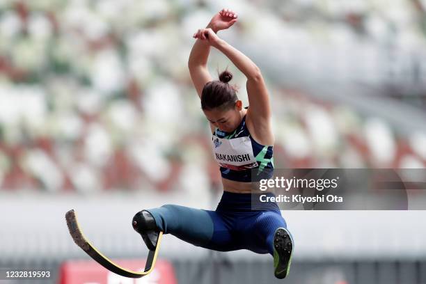 Maya Nakanishi competes in the Women's Long Jump - T61/63/64 final during the Para Athletics test event at the National Stadium on May 11, 2021 in...