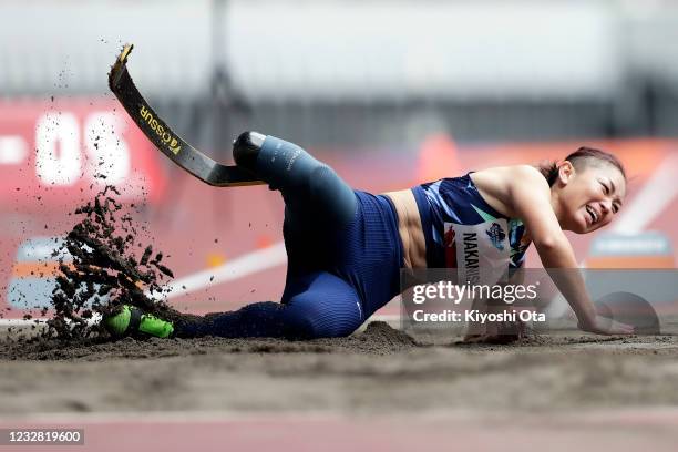 Maya Nakanishi competes in the Women's Long Jump - T61/63/64 final during the Para Athletics test event at the National Stadium on May 11, 2021 in...