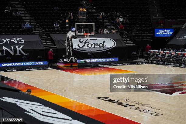 View of empty court with sparse crowd before Utah Jazz vs Orlando Magic game at Vivant Arena. Salt Lake City, UT 4/2/2021 CREDIT: Nils Nilsen