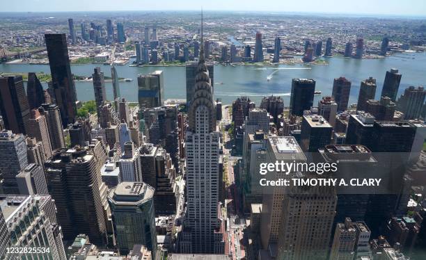 View of the Chrysler Building from the Summit One Vanderbilt observatory during a press preview on May 11 in New York. - Summit One is a...