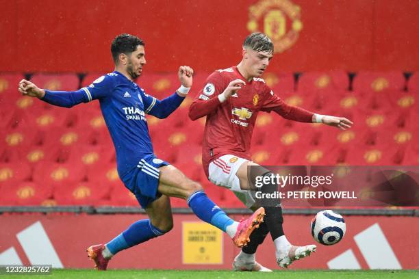 Leicester City's Spanish striker Ayoze Perez vies with Manchester United's English defender Brandon Williams during the English Premier League...