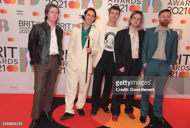 Conor Curley, Carlos O'Connell, Grian Chatten, Conor Deegan III and Tom Coll of Fontaines D.C. Arrive at The BRIT Awards 2021 at The O2 Arena on May...