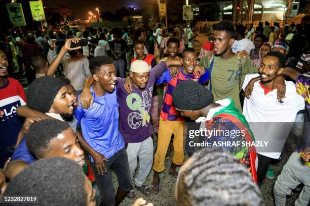 Demonstrators gather outside the army headquarters in Sudan's capital Khartoum on May 11, 2021 which corresponds to Ramadan 29, on the hijri-date...