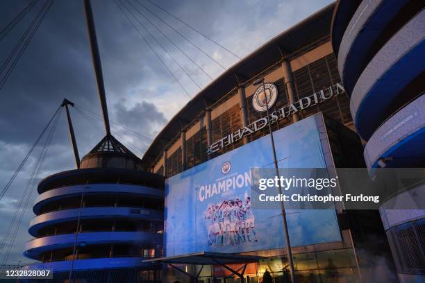 Large display outside Etihad Stadium reads "Champions" as Manchester City has been confirmed as Premier League champions for the third time in four...