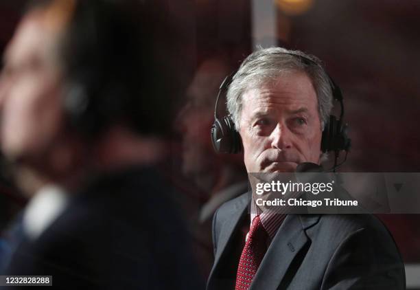 Chicago Blackhawks play-by-play commentator Pat Foley prepares for a game against the Detroit Red Wings at the United Center on Jan. 22, 2021.