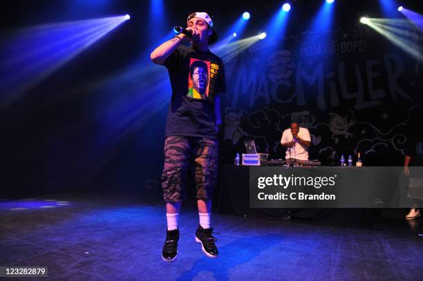 Mac Miller performs on stage at Shepherds Bush Empire on September 1, 2011 in London, United Kingdom.