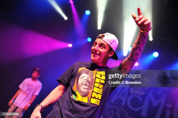 Mac Miller performs on stage at Shepherds Bush Empire on September 1, 2011 in London, United Kingdom.