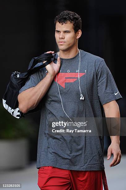 Personality and professional basketball player Kris Humphries leaves his Midtown Manhattan hotel on September 1, 2011 in New York City.
