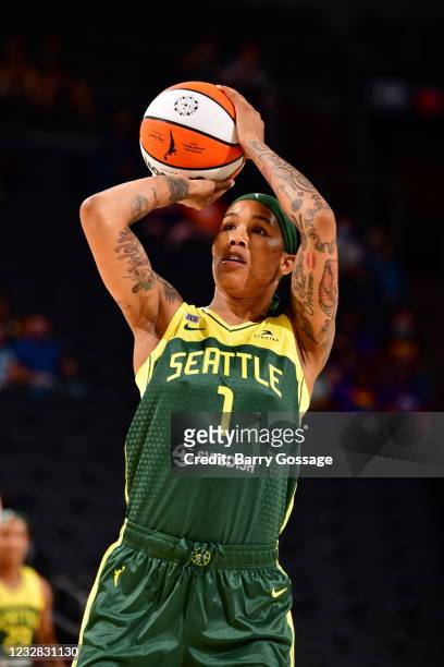 Tamera Young of the Seattle Storm looks on during the game against the Phoenix Mercury on May 8, 2021 at Phoenix Suns Arena in Phoenix, Arizona. NOTE...