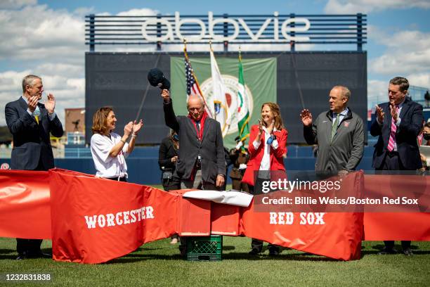 Worcester Red Sox President Larry Lucchino is introduced alongside Massachusetts Governor Charlie Baker and ballpark designer Janet Marie Smith...