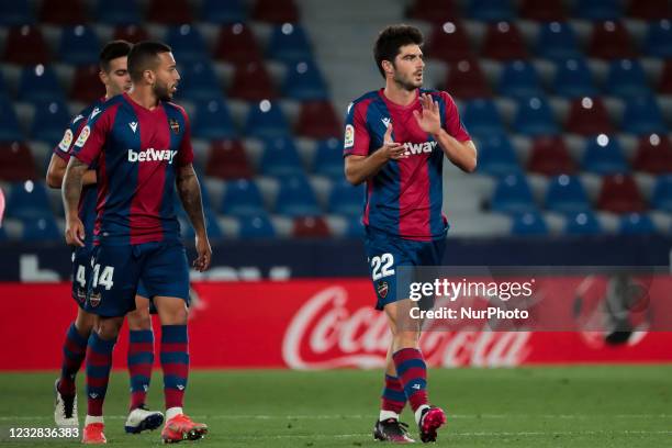 Gonzalo Melero of Levante UD celebrate after scoring the 2-2 goal with his teammate during spanish La Liga match between Levante UD and Futbol Club...