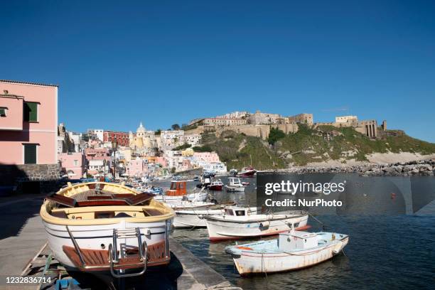 View of Marina di Corricella, a small port located into the Island of Procida. Procida, a small island near Naples, is the first Covid free island in...