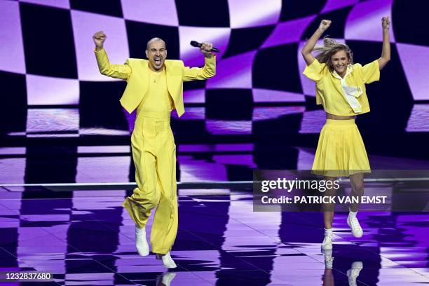 Lithuania's The Roop is seen on stage during the second rehearsal for the first semifinal of the Eurovision Song Contest in Rotterdam on May 12 which...