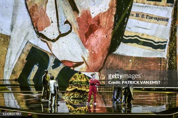 Russia's Manizha is seen on stage during the second rehearsal for the first semifinal of the Eurovision Song Contest in Rotterdam on May 12 which...