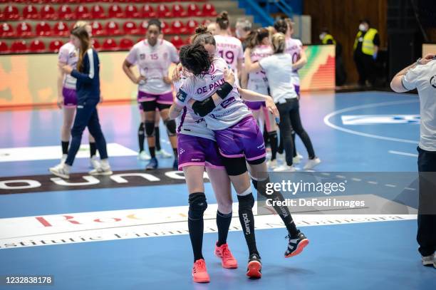 Bruna Aparecida ALMEIDA DE PAULA of Nantes Atlantique Handball and Camille AYGLON SAURINA of Nantes Atlantique Handball celebrates during the Women's...