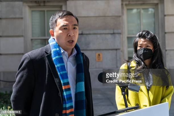 Mayoral candidate Andrew Yang holds press conference outside of Tweed Courthouse where the Department of Education is located to demand opening of...